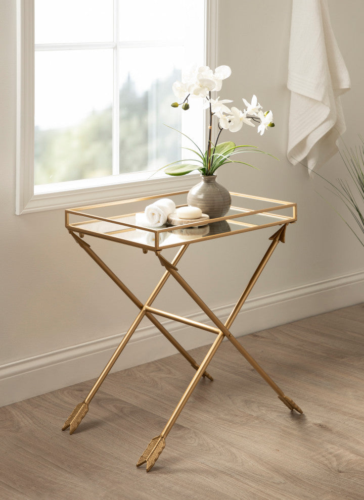 Madeira Arrow Mirrored Tray Top Table, Satin Gold 21x14x26