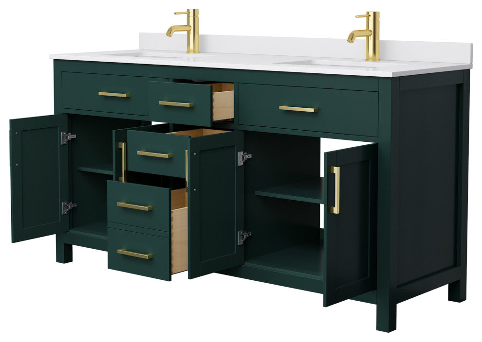 66"DBL Bathroom Vanity, Green, White Cult. Marble Countertop, Sinks, Gold Trim