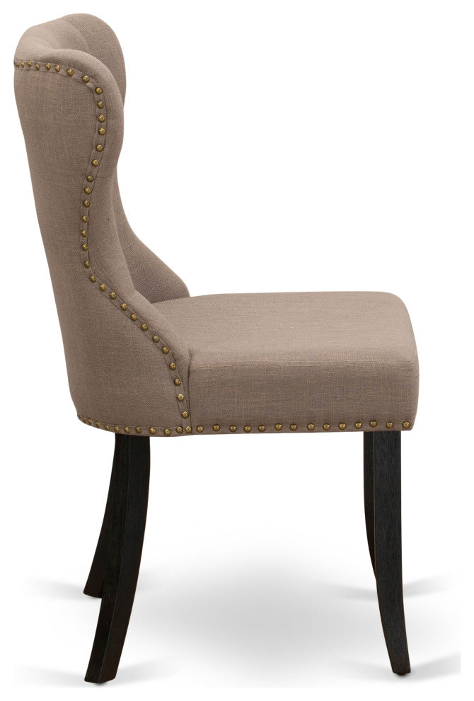 Set Of 2, Dining Chair- Upholstered, Black Wooden Frame, Coffee Seat