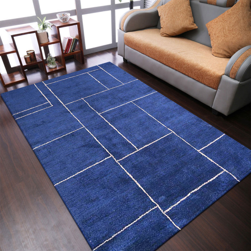 HAND KNOTTED LOOM SILK ECO-FRIENDLY AREA RUGS-5'x8',Rectangle,Navy,Geometric