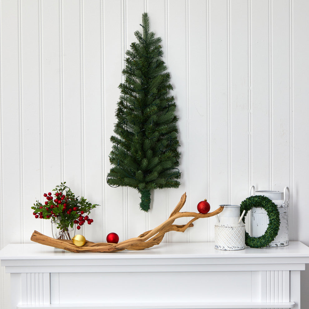 3' Flat Back Wall Hanging Artificial Christmas Tree With 35 Clear LED Lights