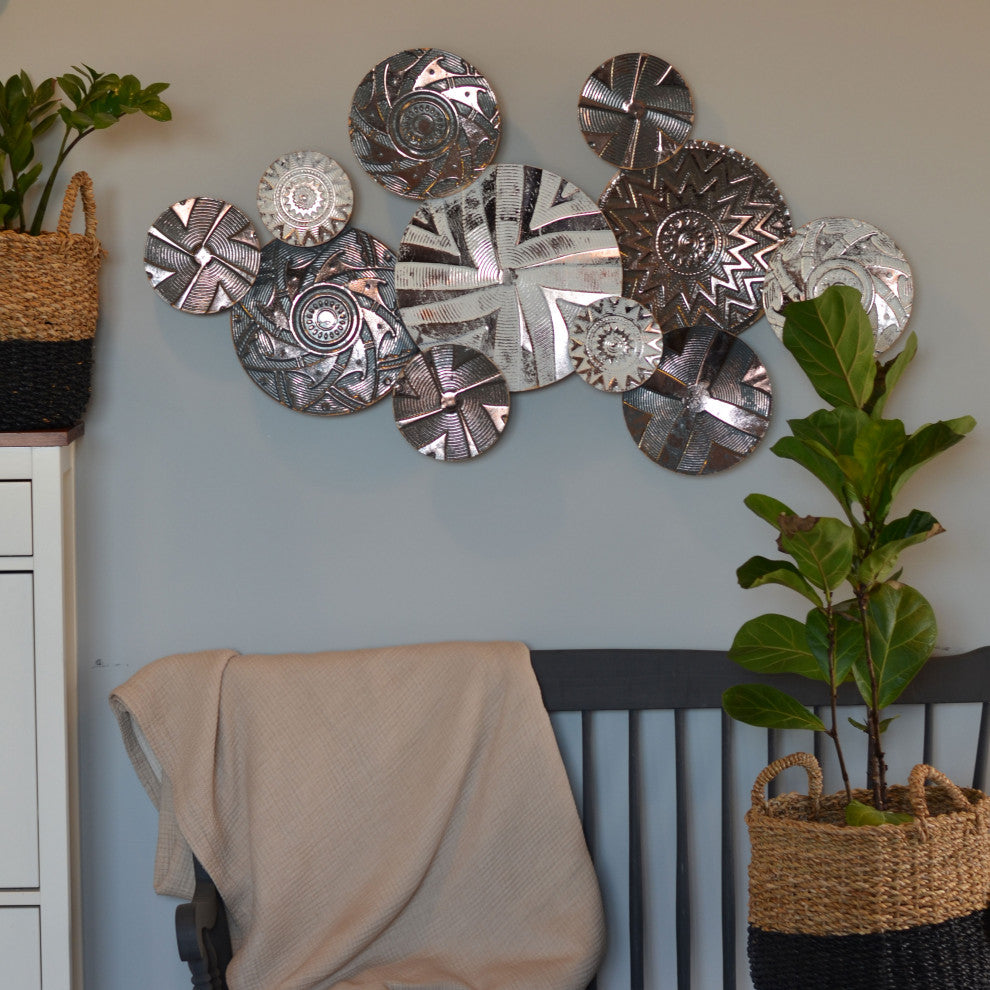 Modernist Floating Roundels, Atelier Metal Wall Decor, Gray White Washed Patina