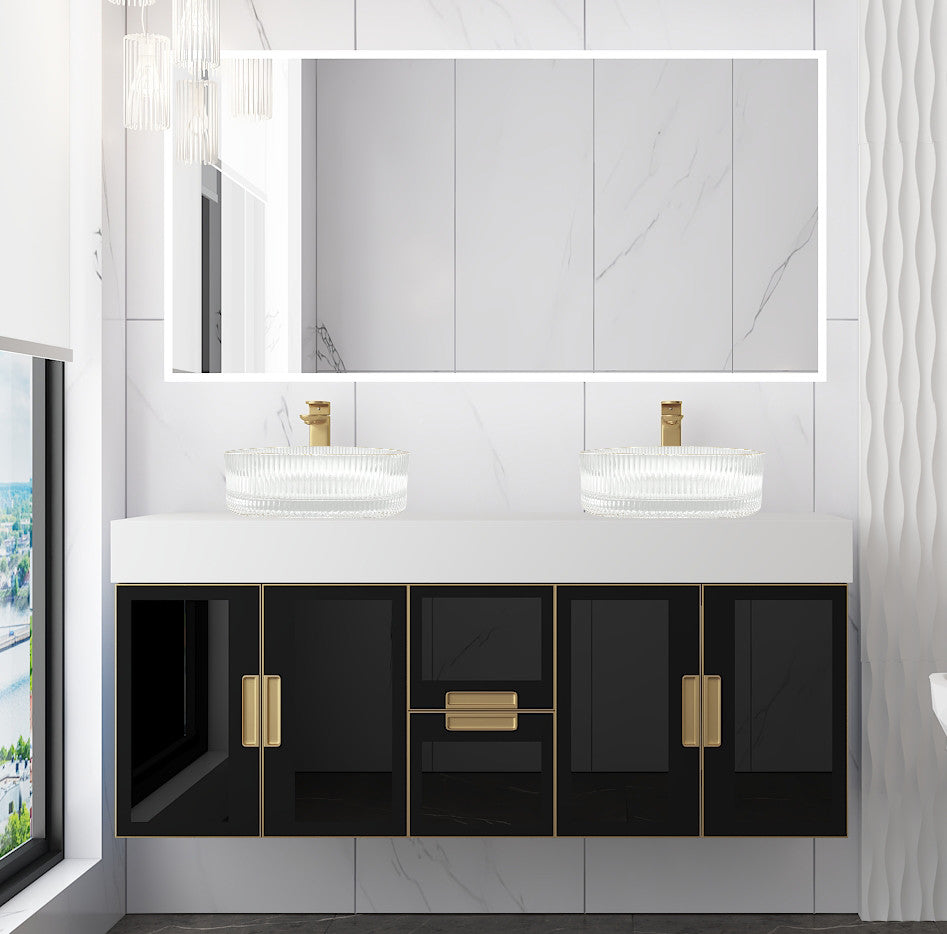 Modern Wall-Mount Vanity With Top & 16" Ribbed Sink, Top Gold, 60"