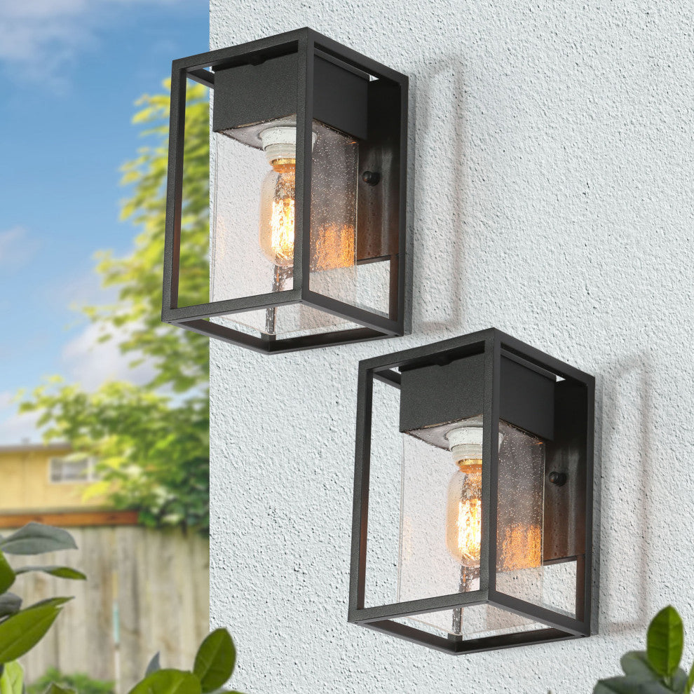 1-Light  Matte Black with Rectangle Seeded Glass(Set Of 2) Outdoor Wall Light