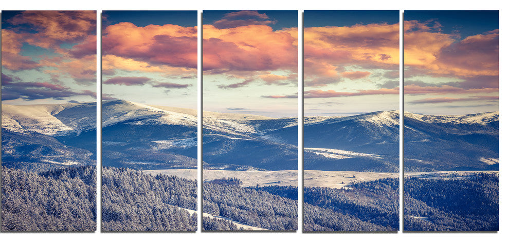 Winter Alpine Sunset over Hills, Large Landscape Canvas Print, 60"x28", 5 Panels