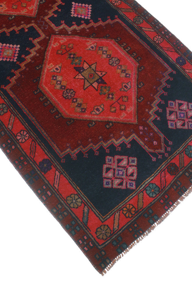 Fine Vintage Distressed Delvis Burgundy/Navy Runner, 4'2x11'5