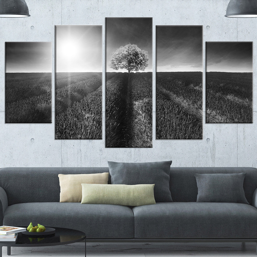 Beautiful Black White Lavender Field, Landscape Canvas Art, 60"x32", 5 Panels