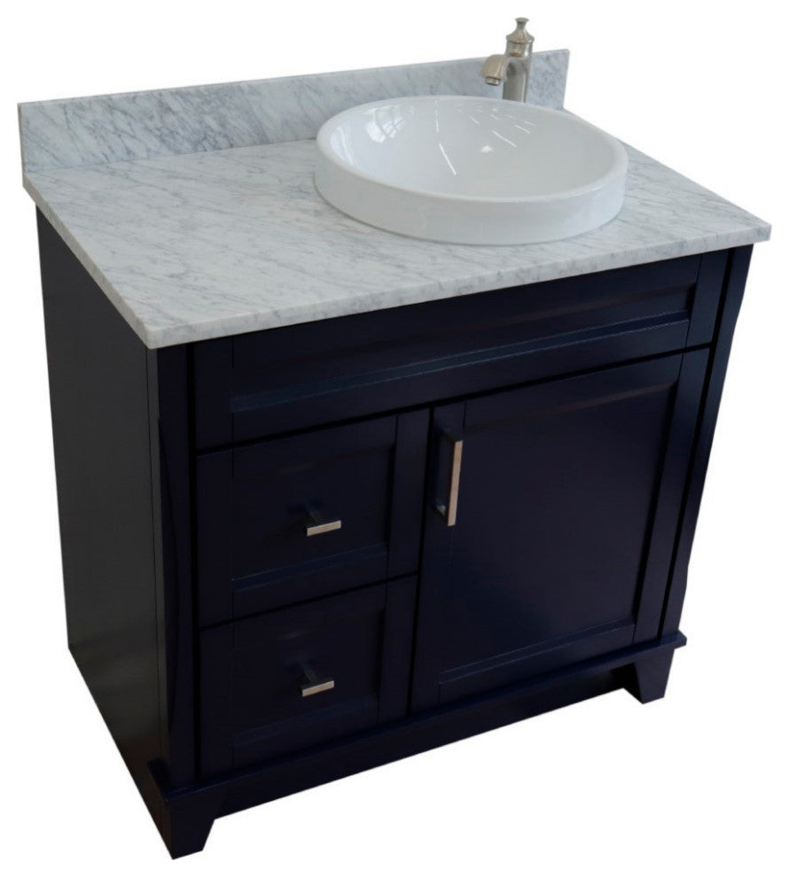 37" Single Sink Vanity, Blue Finish With White Carrara Marble