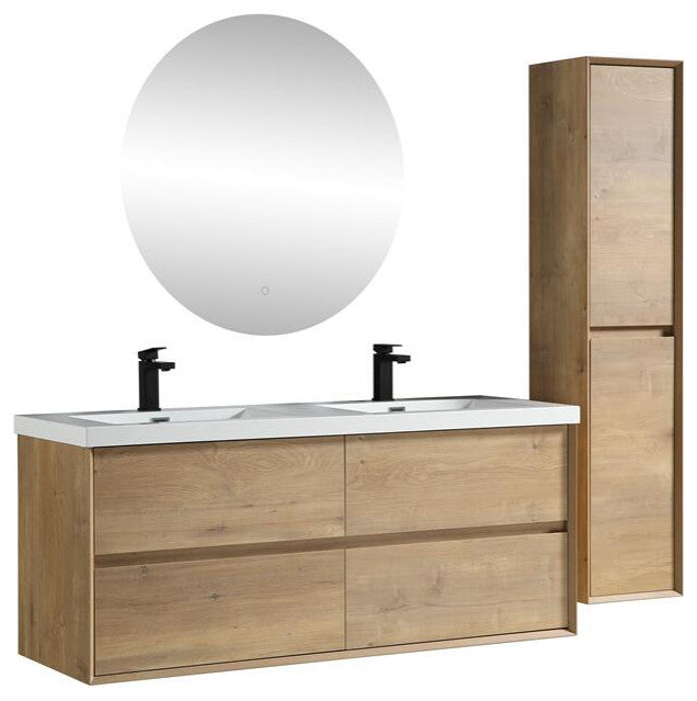 Ashley 60'' Floating Vanity, Acrylic Top, Double Sink, White Oak
