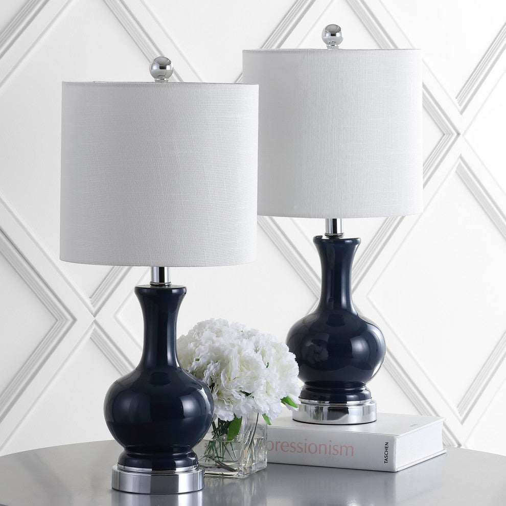 Cox 22" Metal and Glass LED Table Lamp, Set of 2, Navy and Chrome