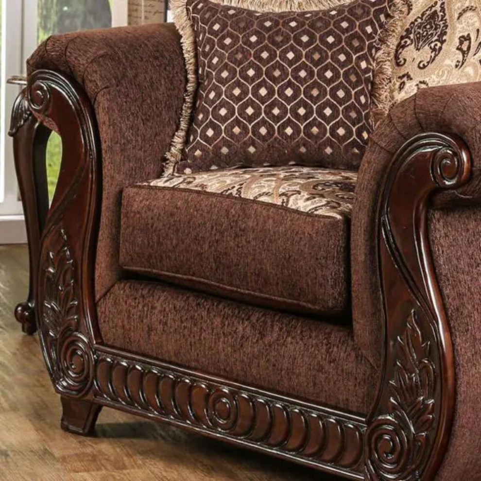 Fabric Upholstered Chair with Rolled Arms Design, Brown, Gold