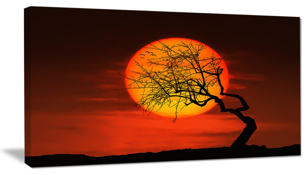 "Birds And Tree Silhouette At Sunset" Extra Large Wall Art Landscape, 32"x16"