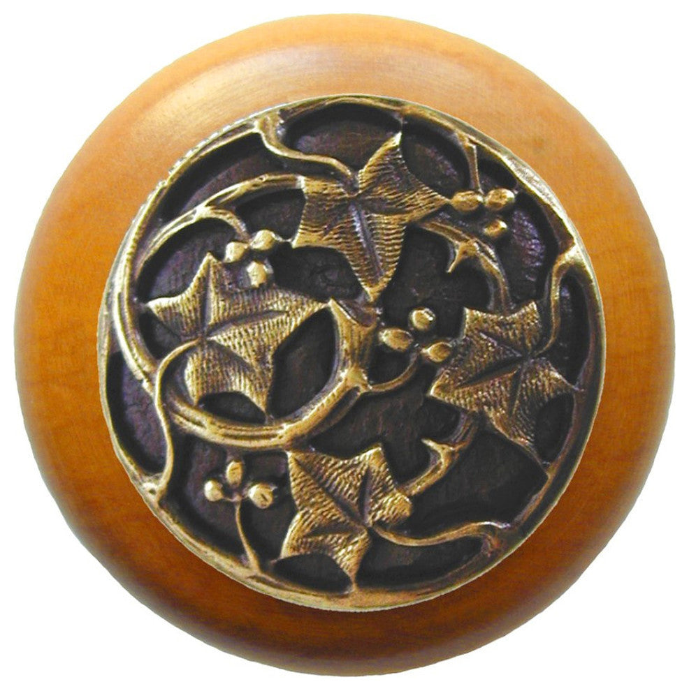 Ivy With Berries Maple Wood Knob, Antique-Style Brass