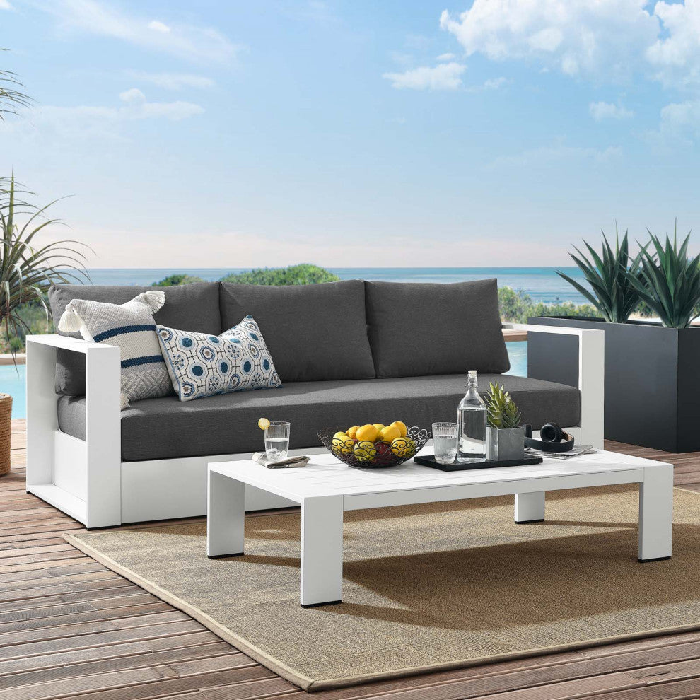 Sectional Sofa Table Set, White Gray, Aluminum, Modern, Outdoor Patio
