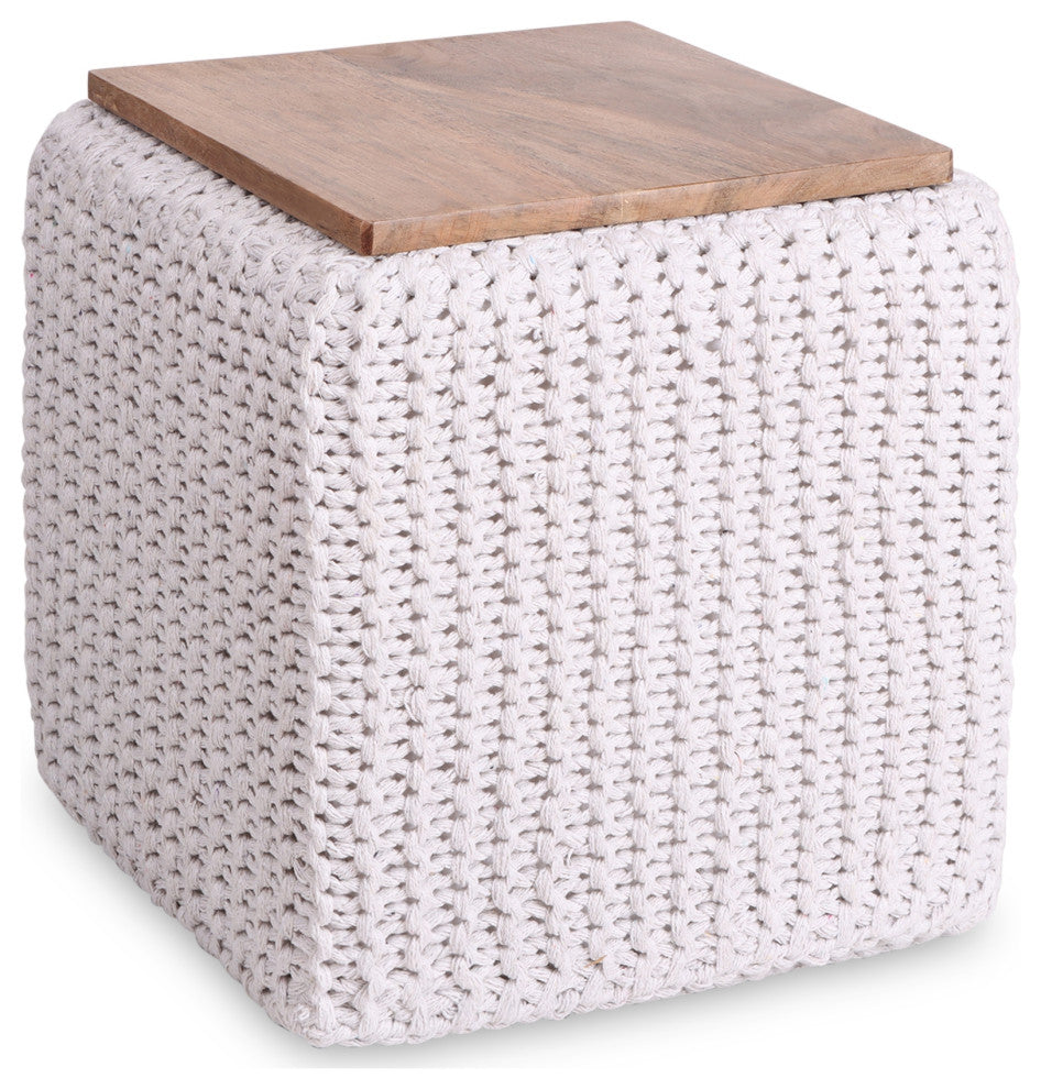Loft Lyfe Roxy Ottoman, Hand Knitted, Wooden Tray, Cotton Yarn, White