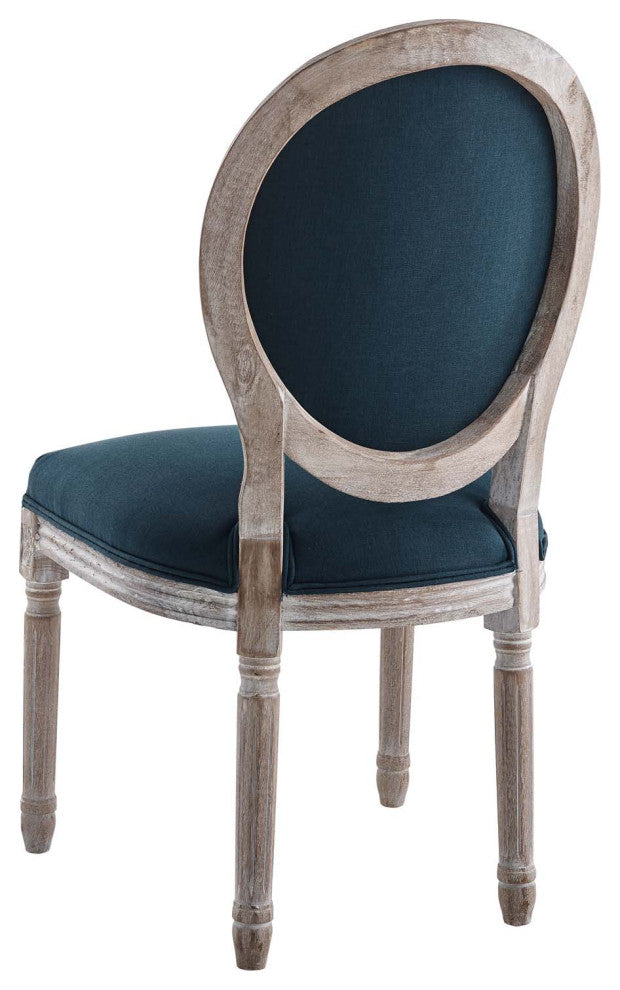 French Vintage Side Dining Chair, Fabric, Wood, Brown Natural Blue, Modern