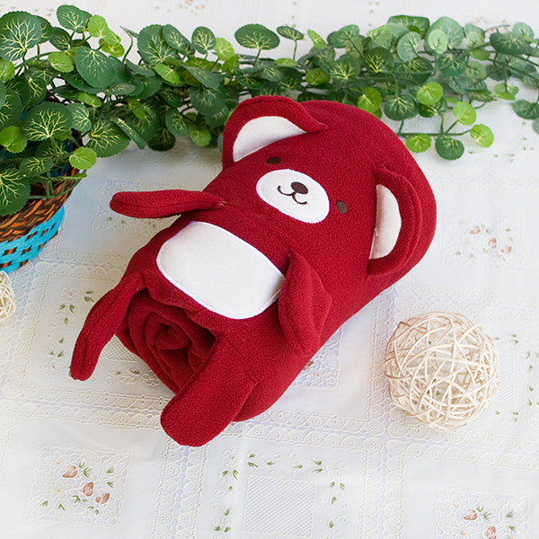 Happy Bear - Dark Red Applique Coral Fleece Baby Throw Blanket (42.5"-59.1")