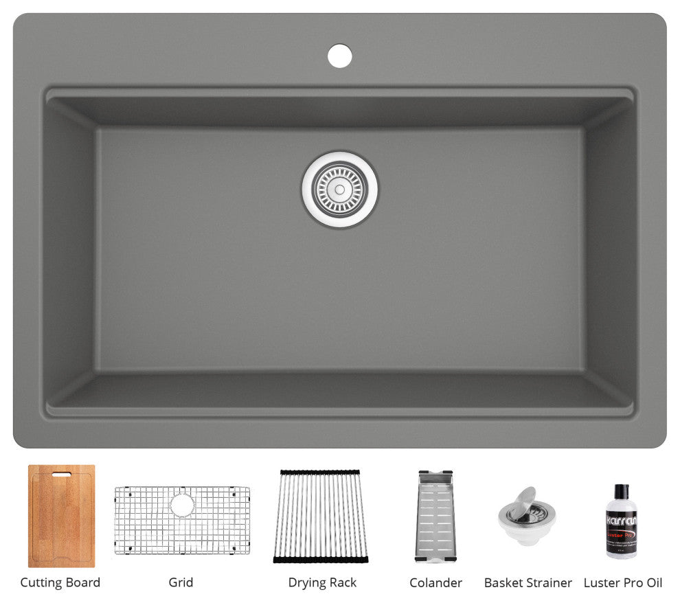 Karran Top Mount 33" Single Bowl Quartz Workstation Kitchen Sink, Grey