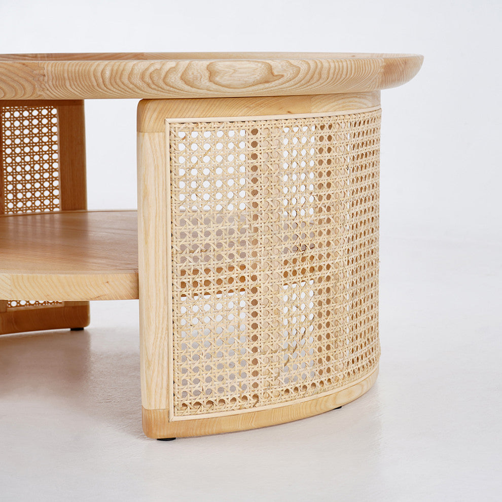 2-Tiered Japandi Round Wood Coffee Table With Rattan Base