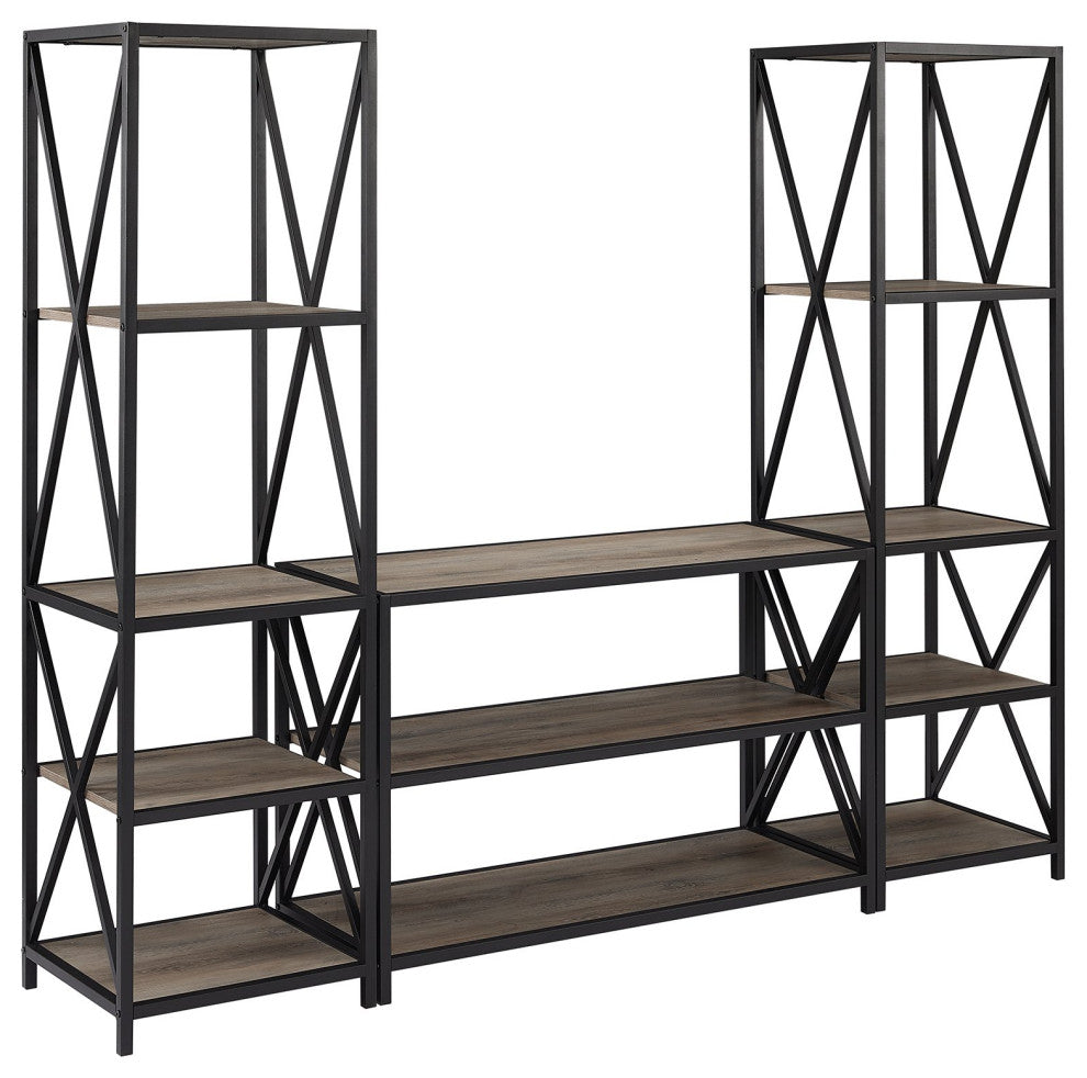 3-Piece Storage Wall with 40" X Console - Slate Grey/Black Metal
