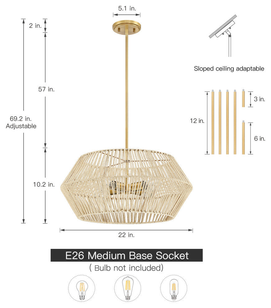22" W 4-Light Bohemian Hand Woven Geometric Chandelier