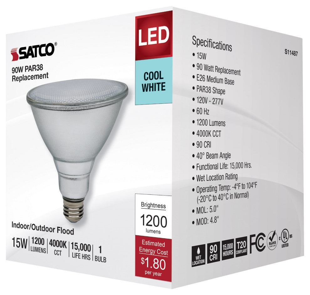 15W PAR38 LED, 4000K, Medium Base, 120-277V, 90 CRI