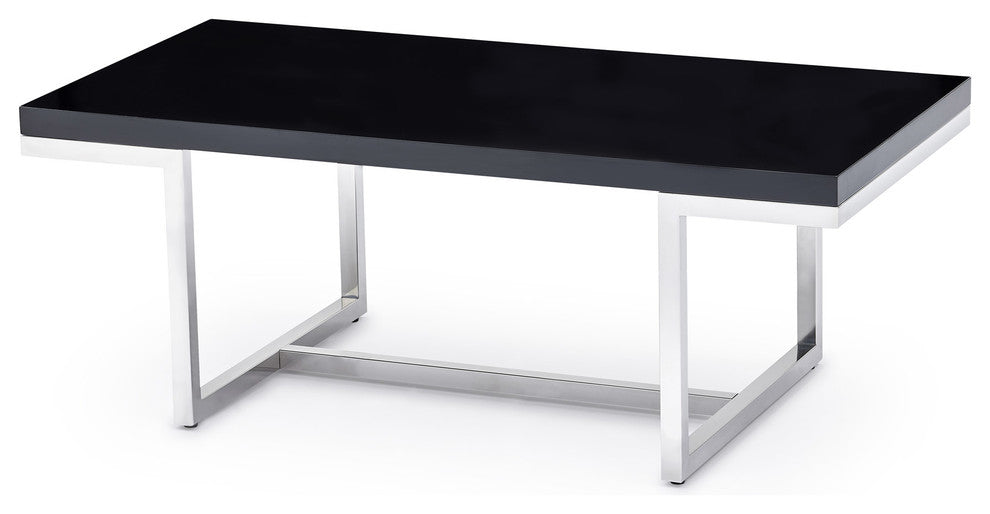 Modern Straz Coffee Table Glossy Black Lacquer Top Polished Stainless-Steel Base