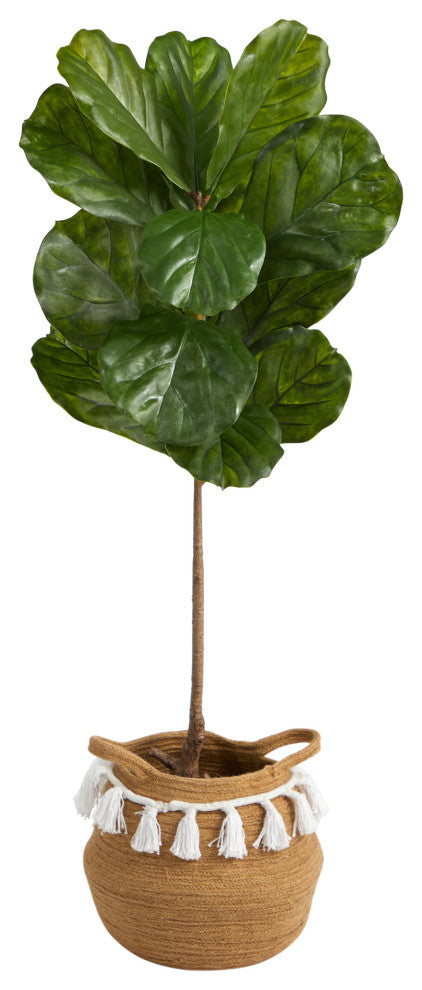4' Fiddle Leaf Faux Tree, Boho Handmade Natural Cotton Woven Planter W/Tassels