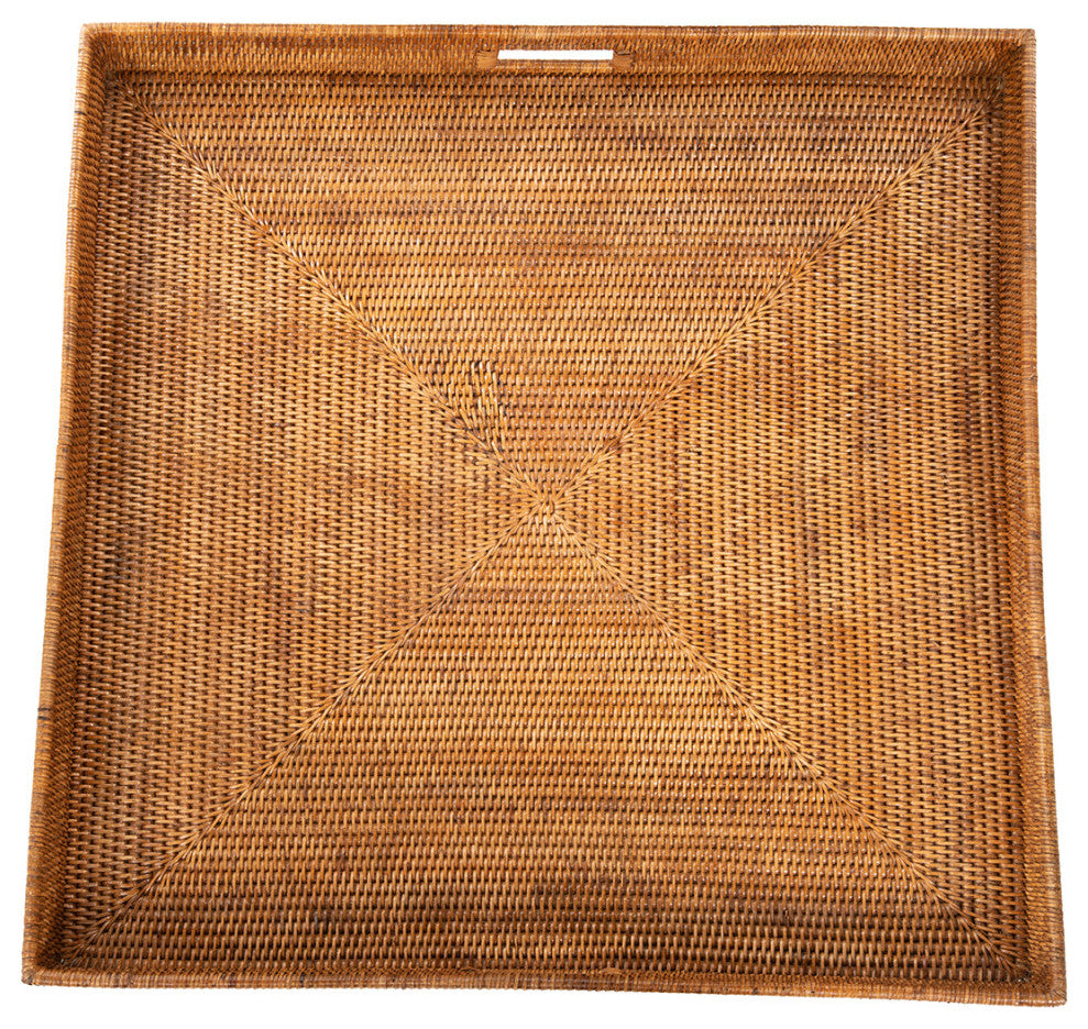 La Jolla Square Rattan Jumbo Sized Centerpiece and Ottoman Tray, Honey Brown