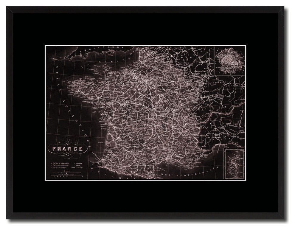 France, Paris Vivid Sepia Map Print On Canvas With Black Custom Frame, 16" X 21"