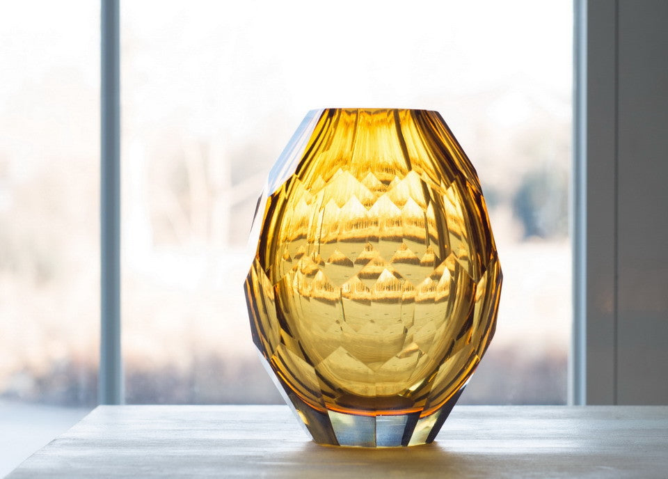 Diamond Solid Color Hand Blown Art Glass Vase, Gift Box, Amber