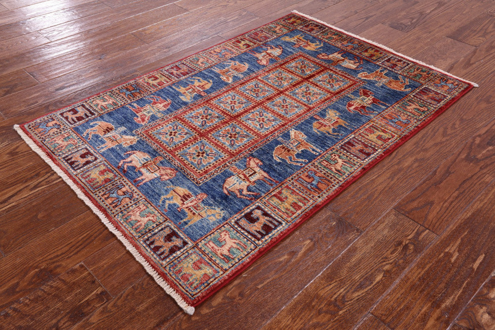 2' 9" X 4' 1" Handmade Antiqued Pazyryk Historical Design Wool Rug Q10883