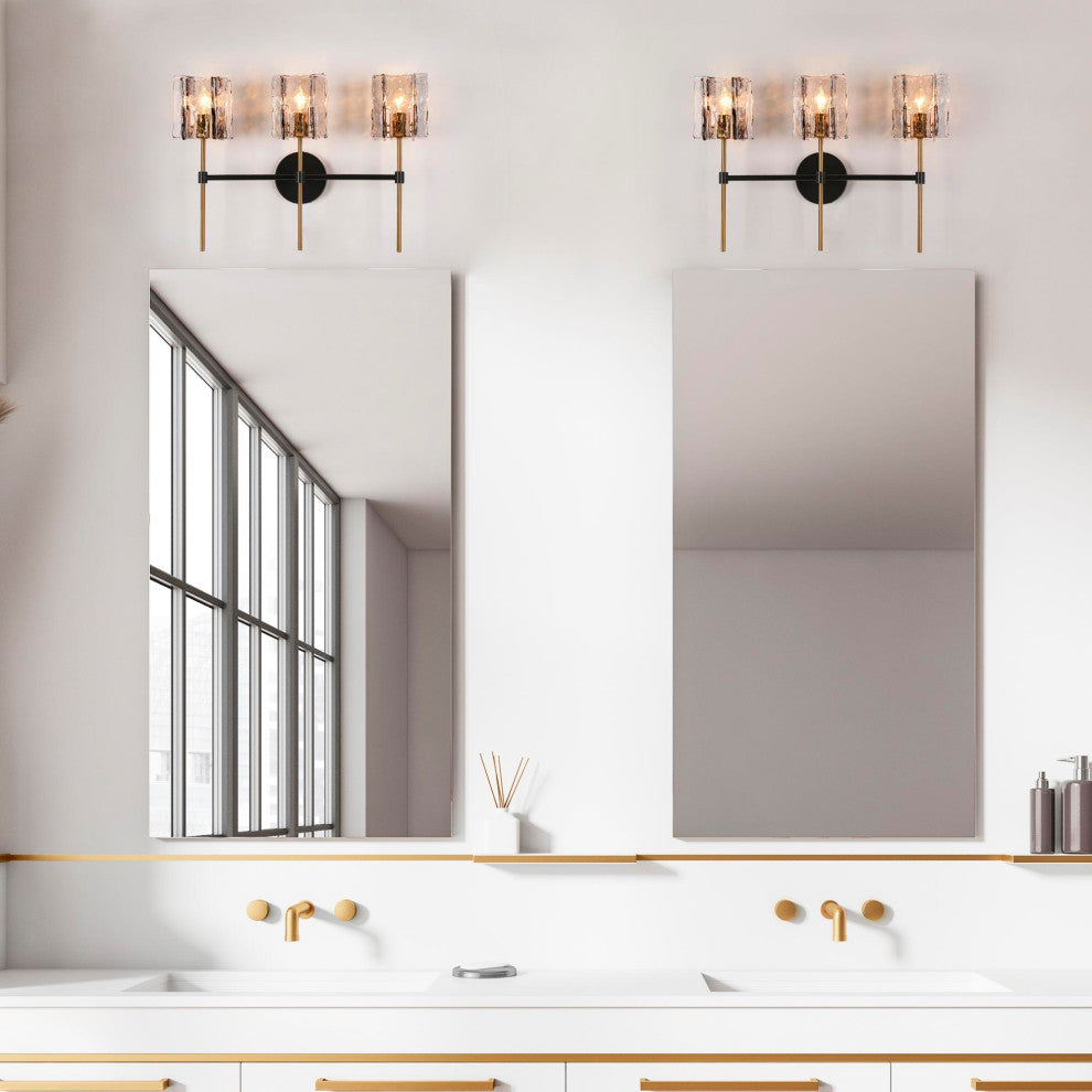 LNC Tucana Polished Gold and Matte Black Modern Wall Sconce, Textured Glass, 3 Lights