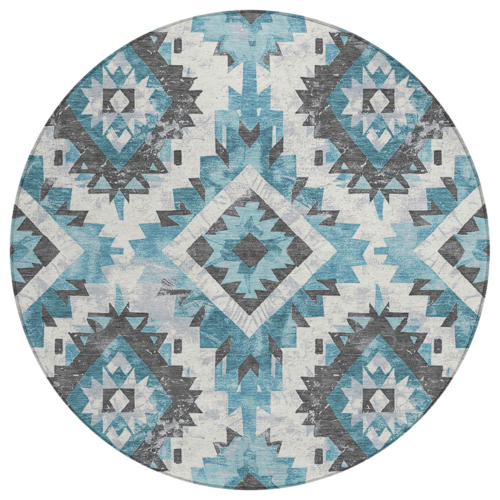 Machine Washable Indoor/Outdoor Chantille ACN1878 Teal 8' x 8' Round Rug