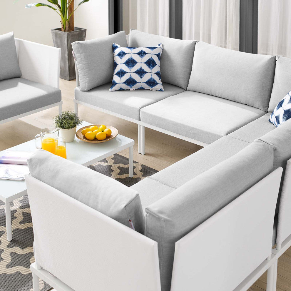 Sectional Sofa Chair Table Set, Sunbrella, Aluminum, White Gray, Outdoor