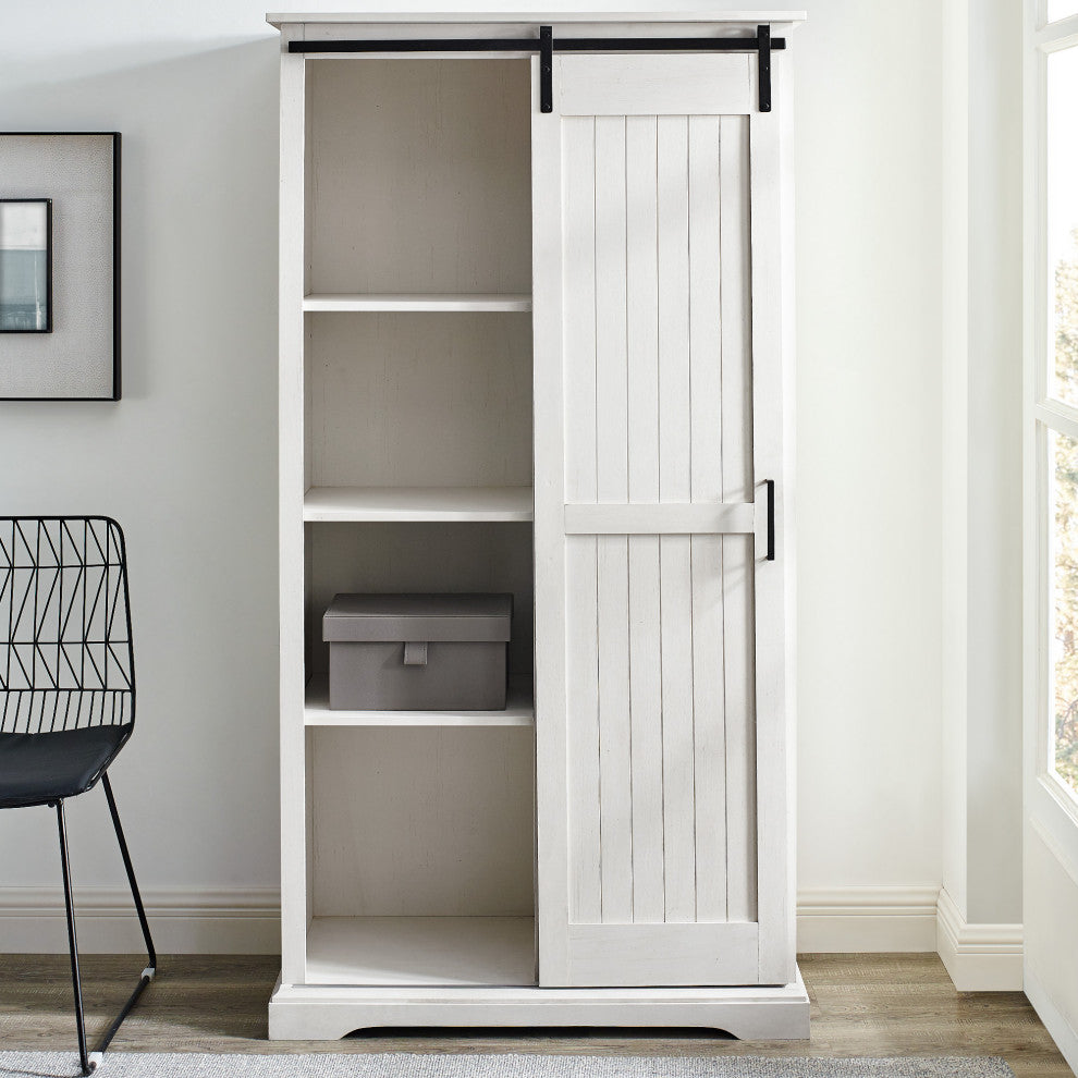Modern Farmhouse Grooved Sliding Door Tall Storage Cabinet "“ Brushed White