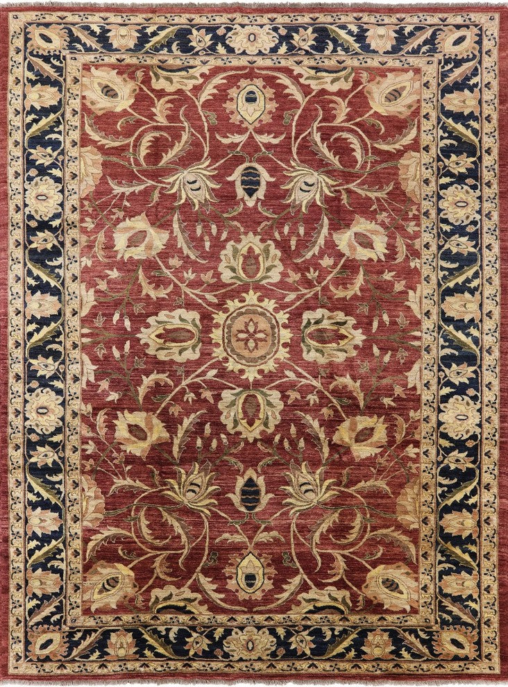 New Rajasthan Collection Red & Navy Blue 9'x12' Hand Knotted Wool Area Rug H8632