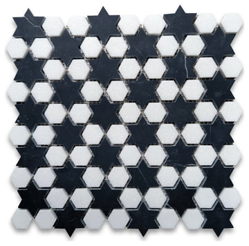 Thassos White Marble Starry Night Hexagram Hexagon Mosaic Tile Black, 1 sheet
