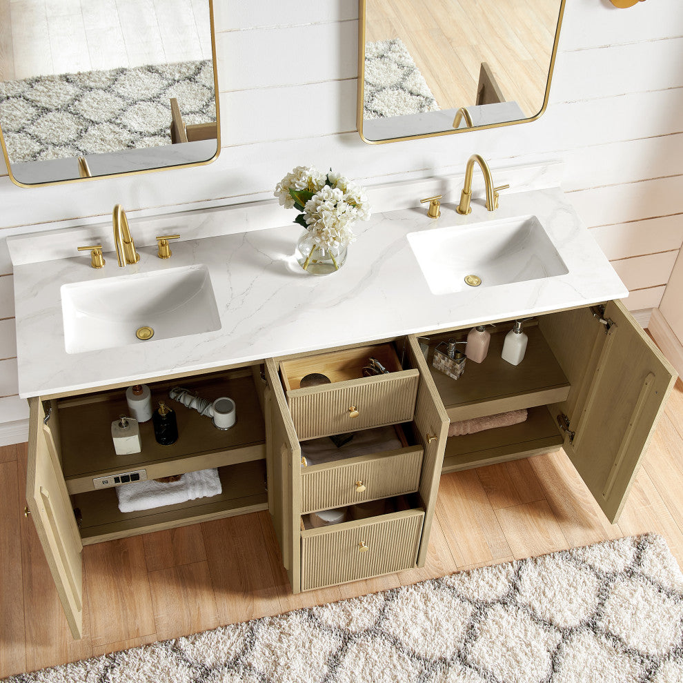 Oza Bath Vanity with Quartz Stone Top, Aged Natural Oak, 72", Double Vanity, No Mirror