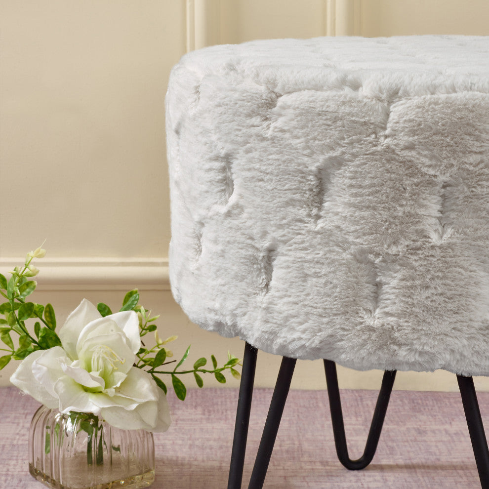 Jacquard Solid Faux Fur Round Ottoman, 18" x 18" x 18", White Sands