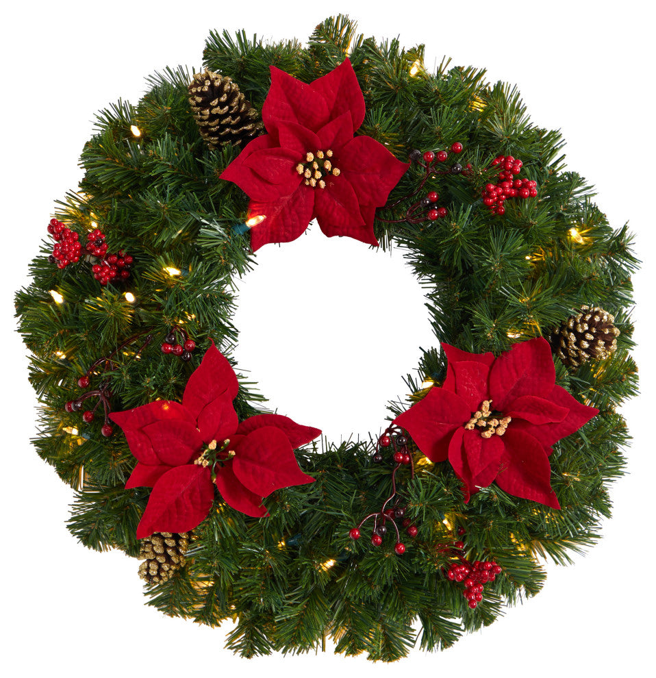 24" Poinsettia, Berry and Pinecone Faux Wreath With 50 Warm White LED Lights