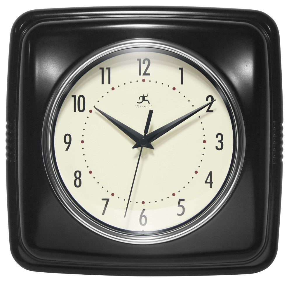 Square Retro Wall Clock, 9.25", Black