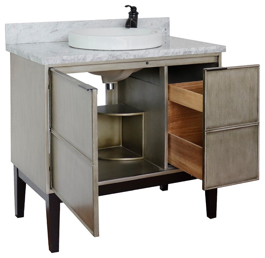 37" Single Vanity, Linen Brown Finish With White Carrara Top And Round Sink