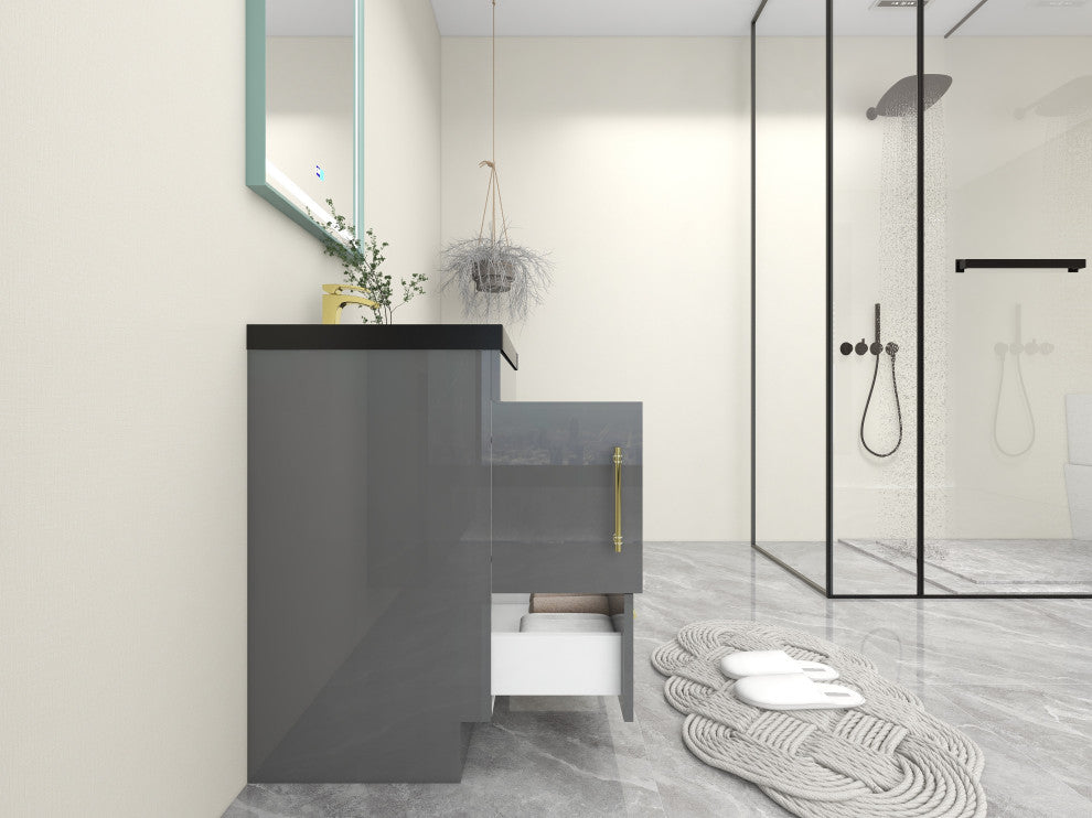 Rosa 24" Free Standing Modern Vanity, High Gloss Gray, Matt Black Top