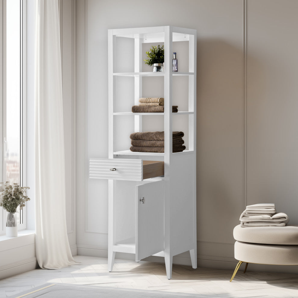 Vanity Art 21" Freestanding Linen Cabinet, Linear White, Brushed Nickel Handle