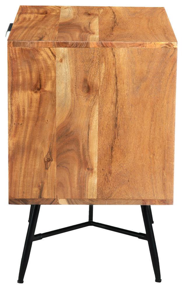 2 Drawer Wooden Nightstand with Metal Angled Legs, Black and Brown