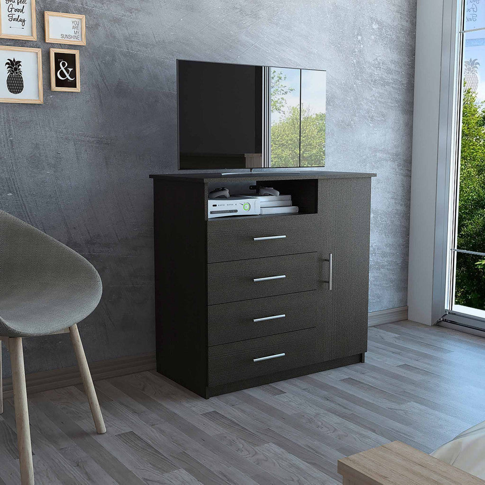 Carolina 4-Drawer Dresser with Single Door Cabinet and Open Shelf, Black