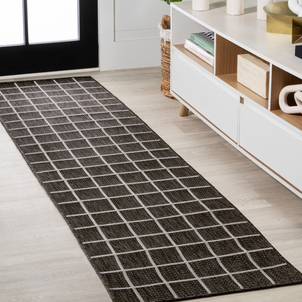 Grid Modern Squares Indoor/Outdoor Area Rug, Black/Cream, 2x8