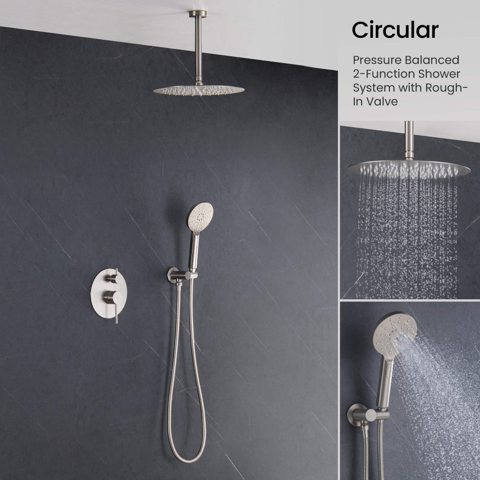 Ceiling Mounted 2-Function Shower System, Rough, Valve, Brushed Nickel