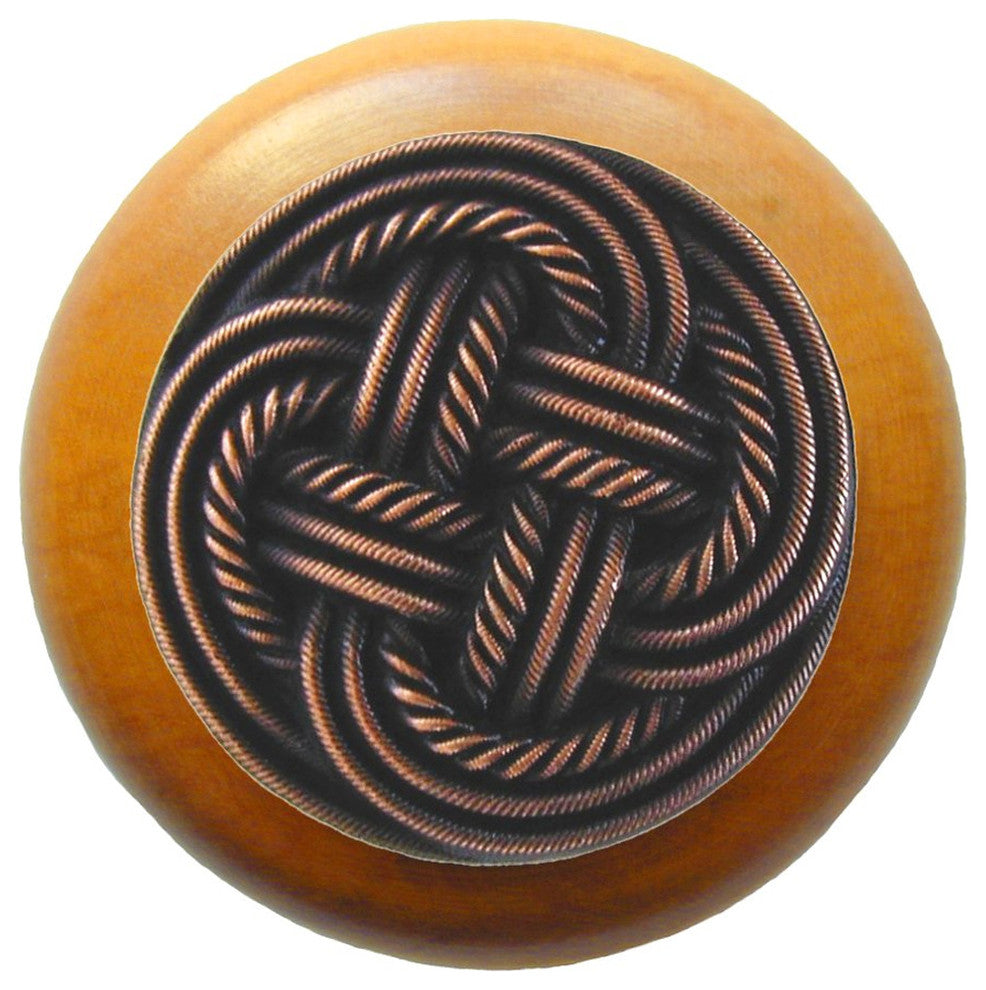 Classic Weave Wood Knob, Antique Brass, Maple Wood Finish, Antique Copper